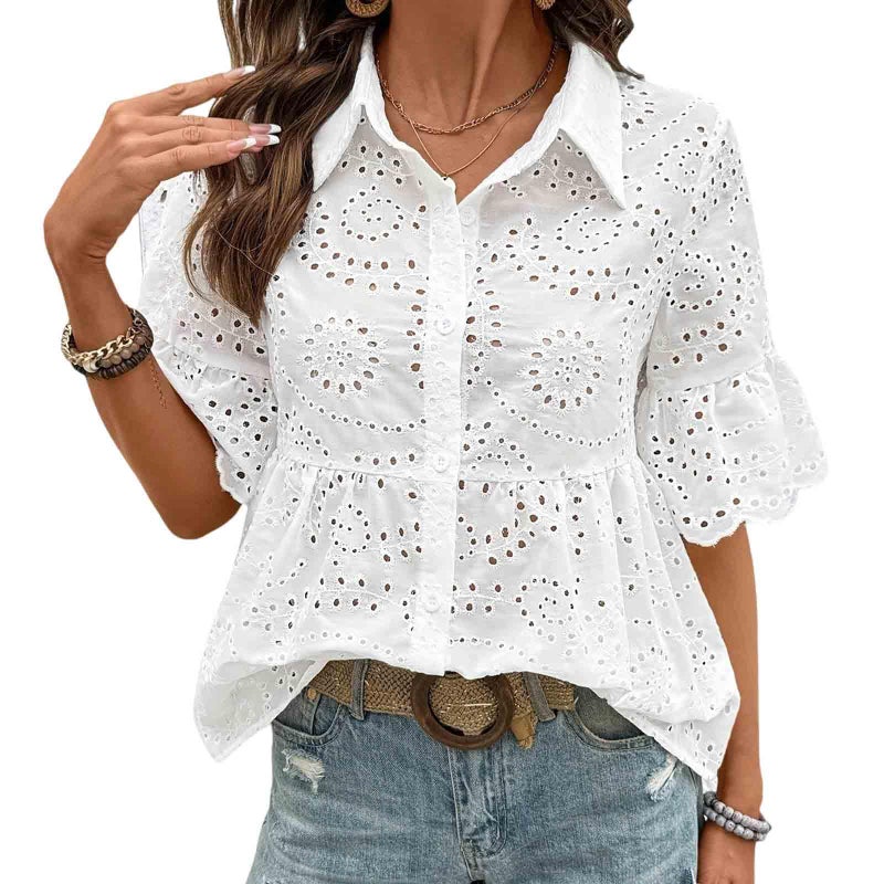 BXCNCKD Women's Elegant Hollowed Out Casual Shirt with Simple Lapel and Short Sleeve Shirts for Women (Medium,White) - Image 1