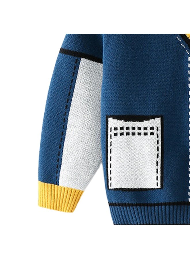 LITTLE SURPRISE BOX Kids Navy Blue with Striking Mustard Stripes Cardigan Sweater V neck  - Image 3