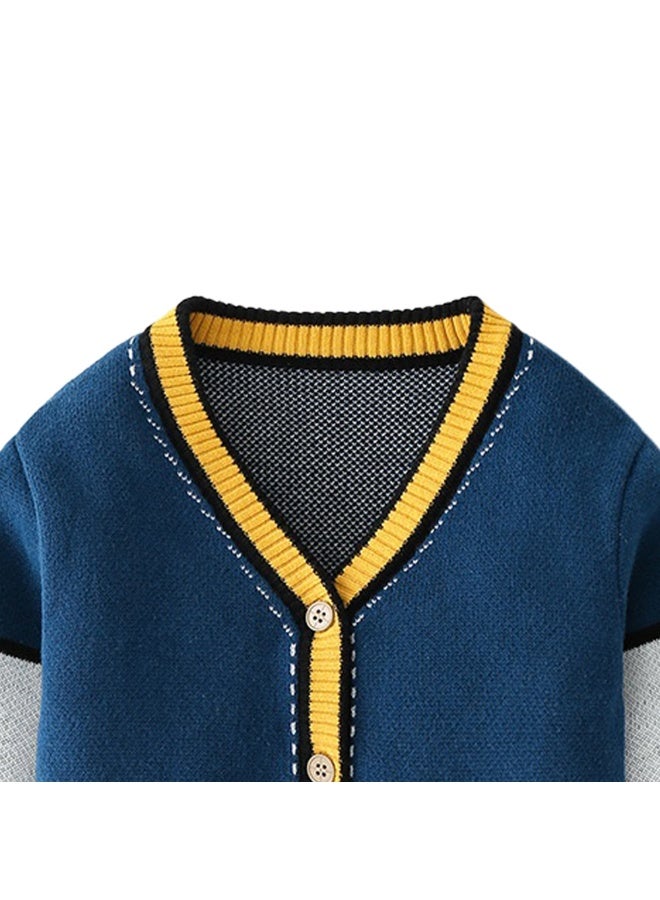 LITTLE SURPRISE BOX Kids Navy Blue with Striking Mustard Stripes Cardigan Sweater V neck  - Image 2