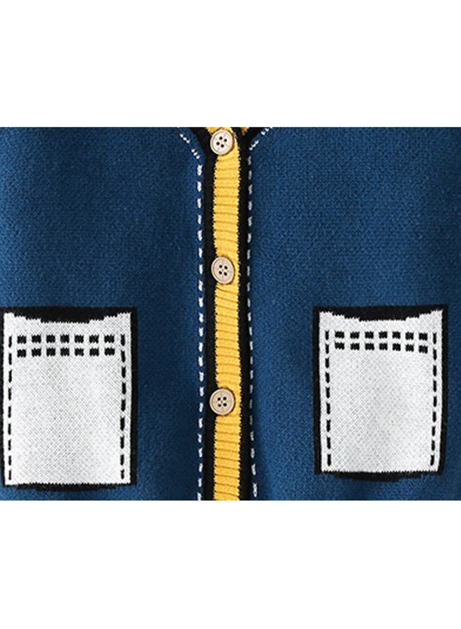 LITTLE SURPRISE BOX Kids Navy Blue with Striking Mustard Stripes Cardigan Sweater V neck  - Image 5