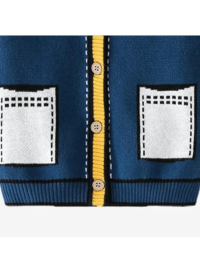 LITTLE SURPRISE BOX Kids Navy Blue with Striking Mustard Stripes Cardigan Sweater V neck
