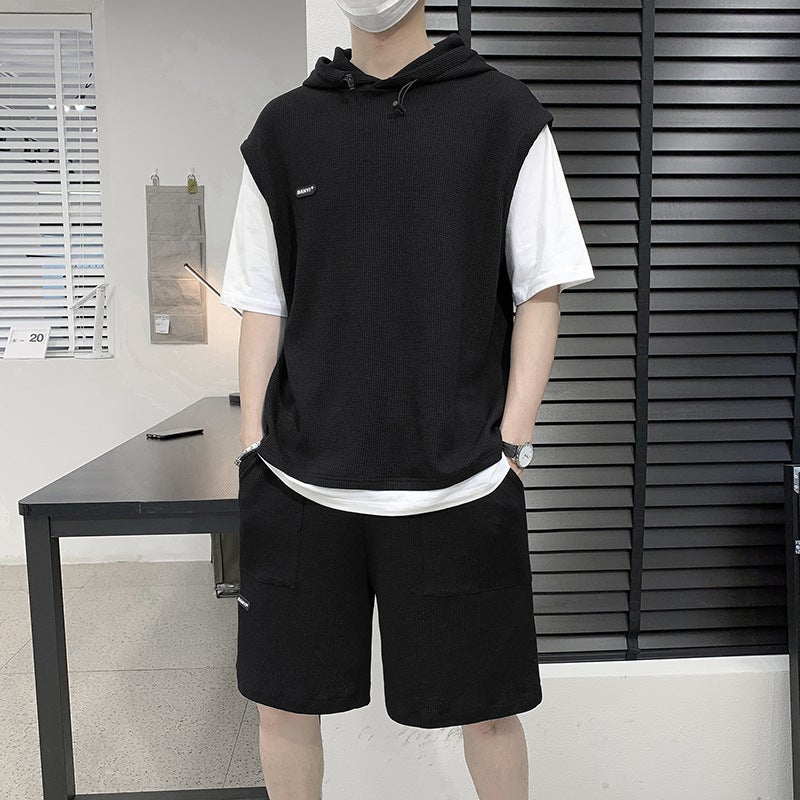 Mens summer suit fashion brand with handsome Korean fashion short sleeve fake two T-shirt ins casual set black - Image 1