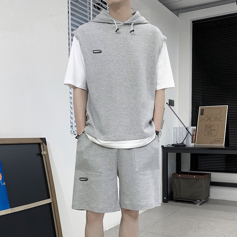 Mens summer suit fashion brand with handsome Korean fashion short sleeve fake two T-shirt ins casual set black - Image 2