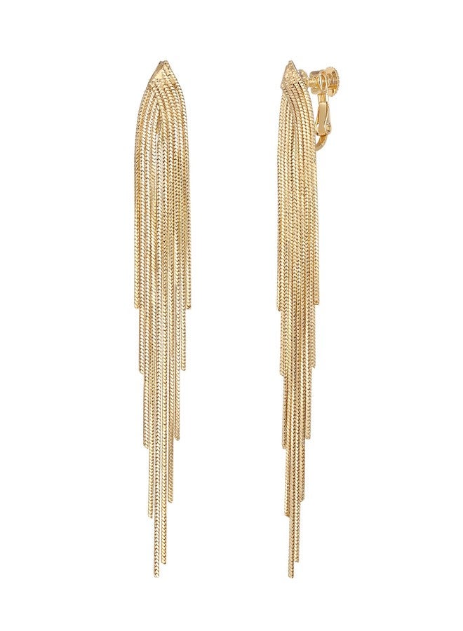 بريلوف أقراط بريلوف بمشبك، أقراط طويلة متدلية بتصميم ثريا، مزينة بشرابة خطية، مطلية باللون الذهبي - Image 1