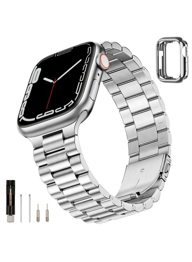 SUNFWR Compatible with Apple Watch Band 41mm 40mm 38mm for Women Men, Stainless Steel Metal iWatch Band with Case for Apple Watch Series 9/8/7/6/5/4/3/2/1/SE/SE2 (Silver, 38mm/40mm/41mm) - Image 1