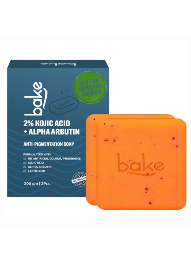 خبز صابون BAKE المقشر والعلاجي بحمض الكوجيك بتركيز 2% (200 جم، قطعتان) | لإزالة التصبغات والبقع الداكنة وآثار الاسمرار | يعمل على تفتيح منطقة تحت الإبطين والركب والأكواع | غني بـ "ألفا أربوتين"، و"النياسيناميد"، ومركب "MelasaRx" | مناسب للرجال والنساء - Image 1