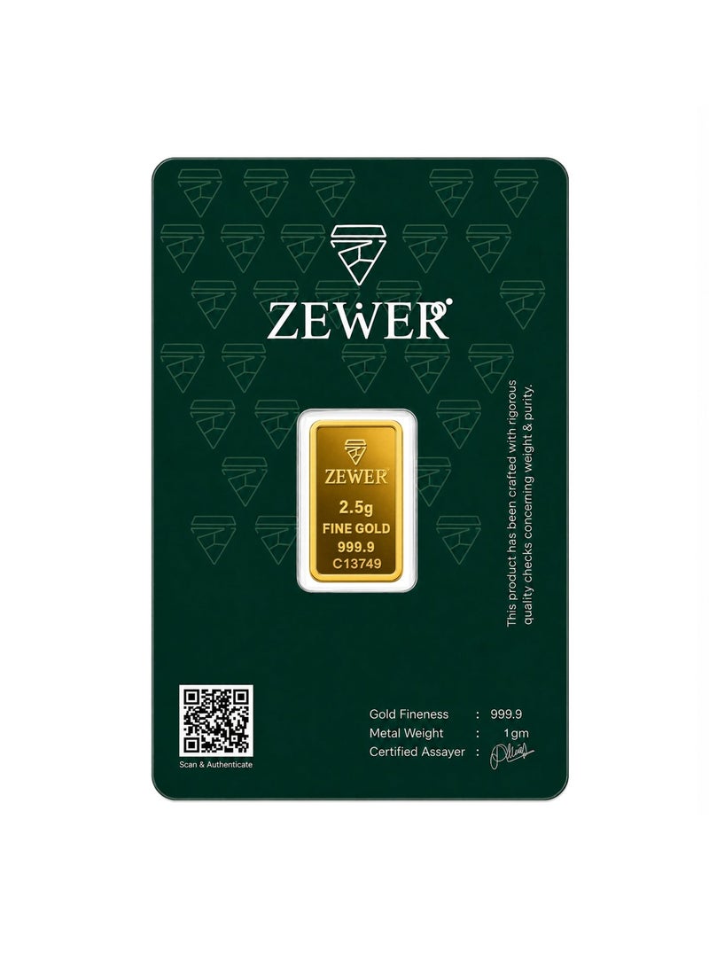 Zewer 2.5g 999.9 Fine Gold Bar with Flower Design, Certified Assayer - Image 1