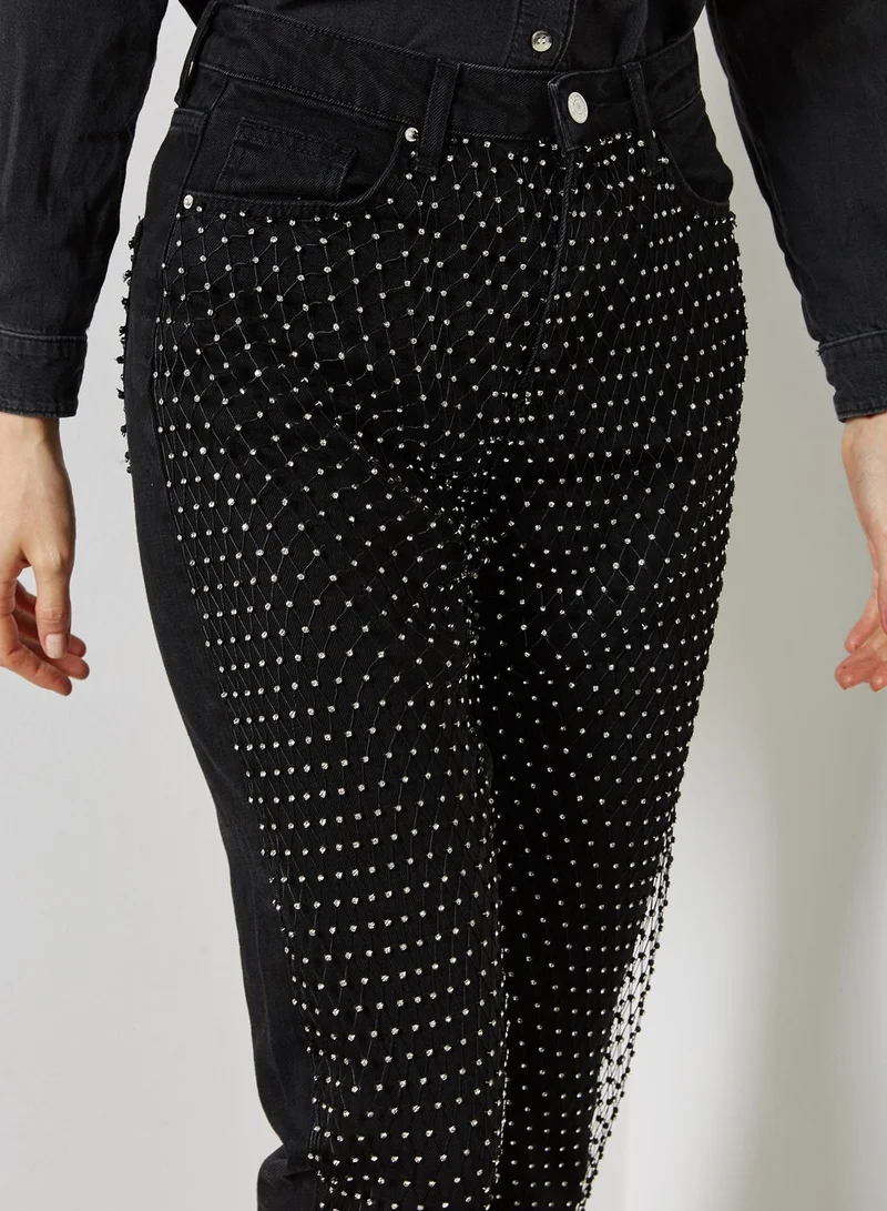 TOPSHOP Diamante Fishnet Mom Jeans