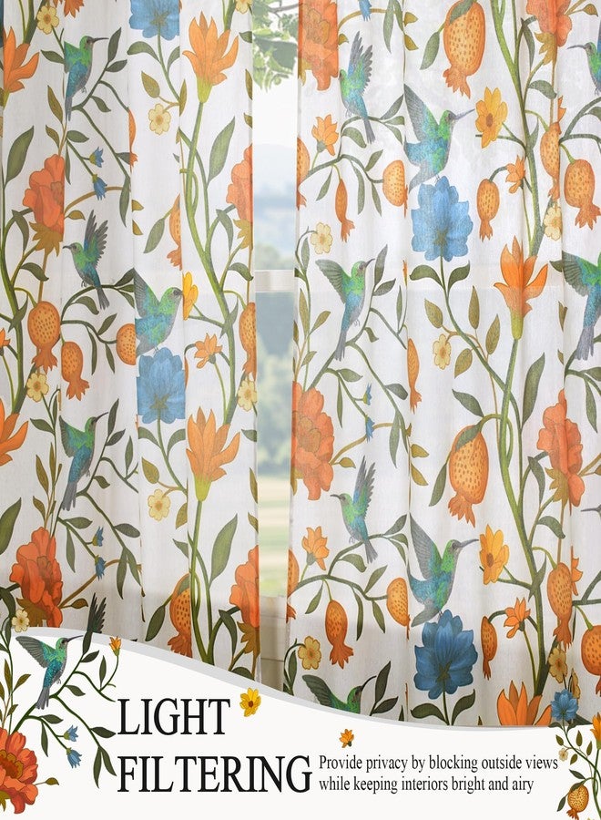 JOOJA Boho Curtains 2 Panels 84 Inches Long Vintage Floral Patterned White Whimsical Bird Living Room Colorful Cotton Linen Blend Printed Curtains for Bedroom Kitchen - Image 2