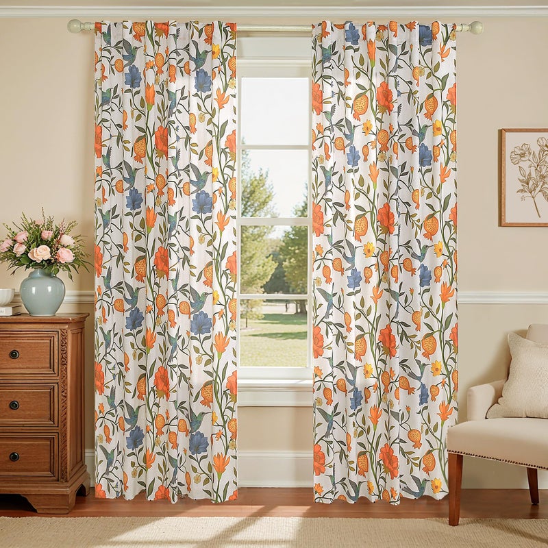 JOOJA Boho Curtains 2 Panels 84 Inches Long Vintage Floral Patterned White Whimsical Bird Living Room Colorful Cotton Linen Blend Printed Curtains for Bedroom Kitchen - Image 1