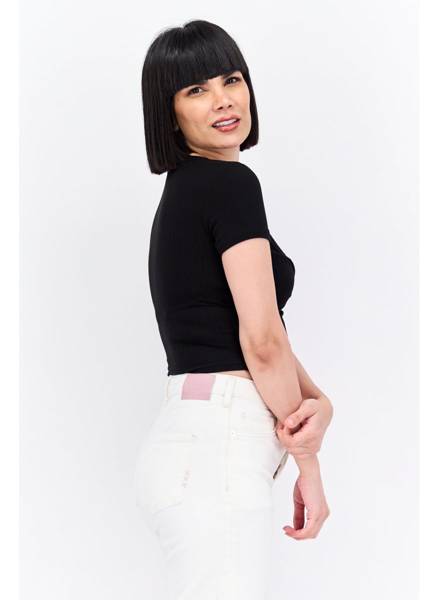 UNDIZ - Women Queen Anne Neck Short Sleeves Plain Top, Black - Image 1