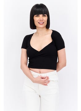 Women Queen Anne Neck Short Sleeves Plain Top, Black