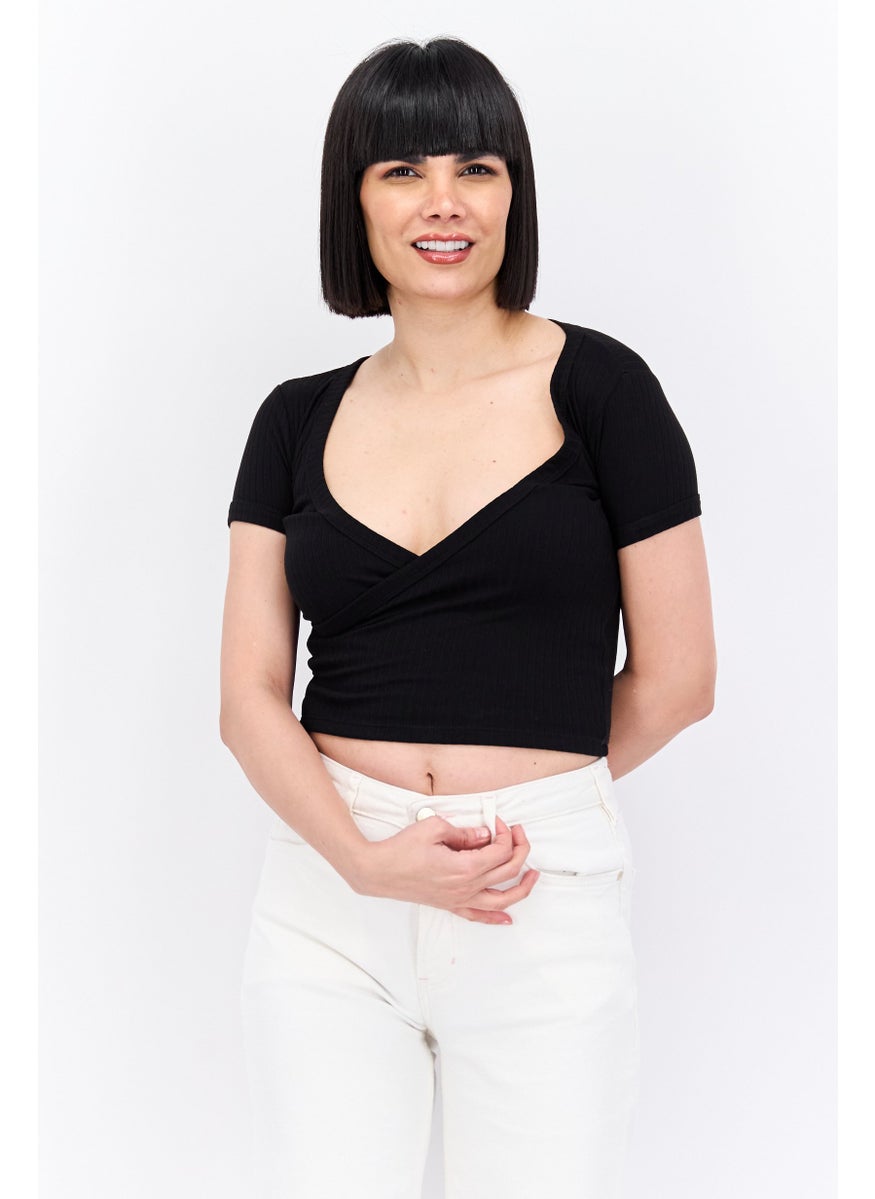 UNDIZ - Women Queen Anne Neck Short Sleeves Plain Top, Black - Image 1