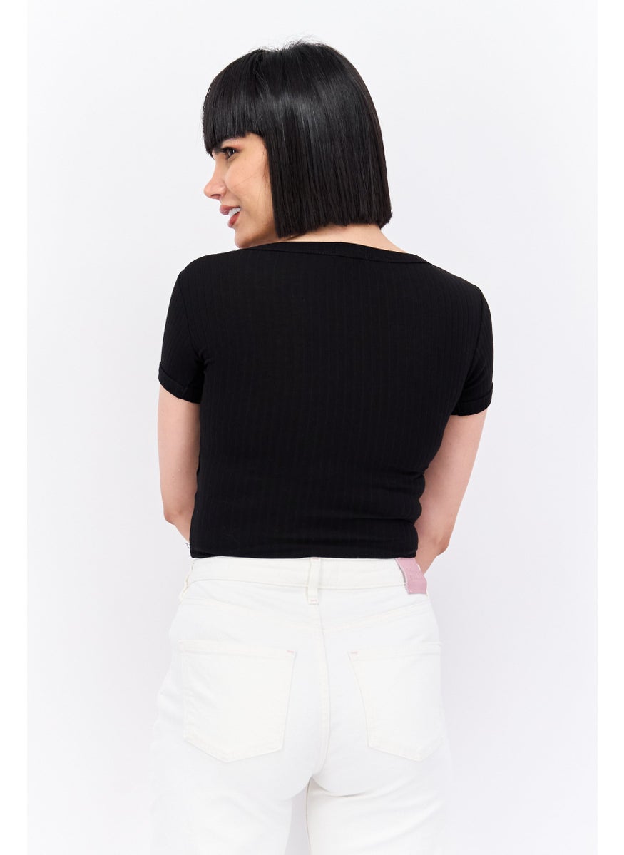 UNDIZ - Women Queen Anne Neck Short Sleeves Plain Top, Black - Image 1