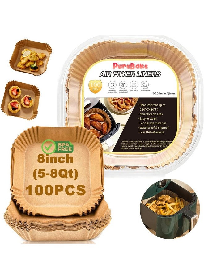 PureBake بطانات ورقية قابلة للتخلص من PureBake للقلي الهوائي: 100 قطعة من أوراق البرشمان المقاومة للزيت دائرية، بطانة سلة القلي الهوائي للخبز والطهي (8 بوصة) بني مربع - Image 1