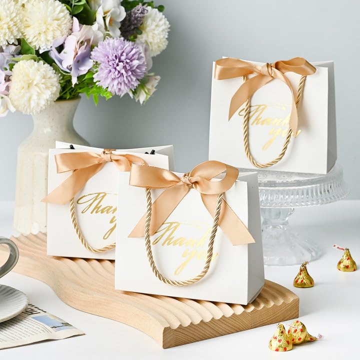 Mauproy 20 Pack Small Thank You Gift Bags with Handles, 5.5''x 2.5''x 4.7'' Mini Paper Gift Bags with Ribbons Party Favor Bags for Mother's Day Wedding Baby Shower Bridal Shower (White) - Image 5
