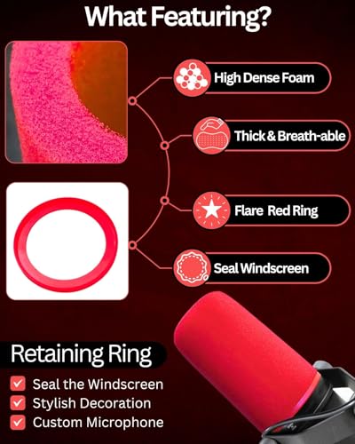 RhymKawa SM7b Pop Filter for Shuer SM7B, SM7dB, MV7, MV7X Foam Windscreen with Retaining Seal - RK345 Colored Replacement (Red) - Image 2