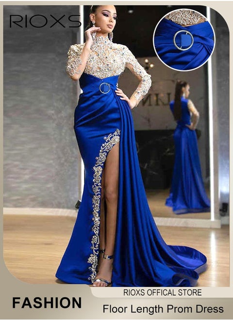 Women's Glitter Stitching Sliming Grown Half High Collar High Split Floor Length Prom Dress for Fashion Party