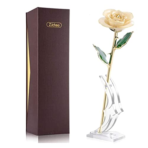 ZJchao Love Forever Long Stem 24k Gold Dipped Rose Flower, Love Gift to Wife, Mom, Girlfriend (White) - Image 1
