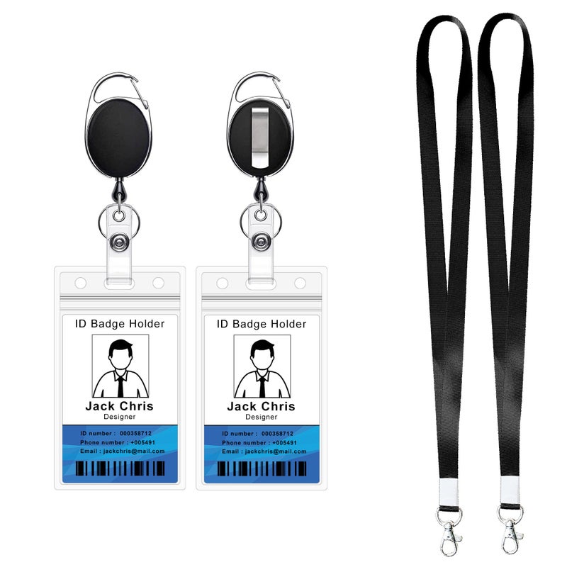 HoAoOo Retractable Badge Reel with Claw Clasp and Clip for Id Card Holders (2 ID Cases 2 Retractable Reels 2 Lanyards Black) - Image 1