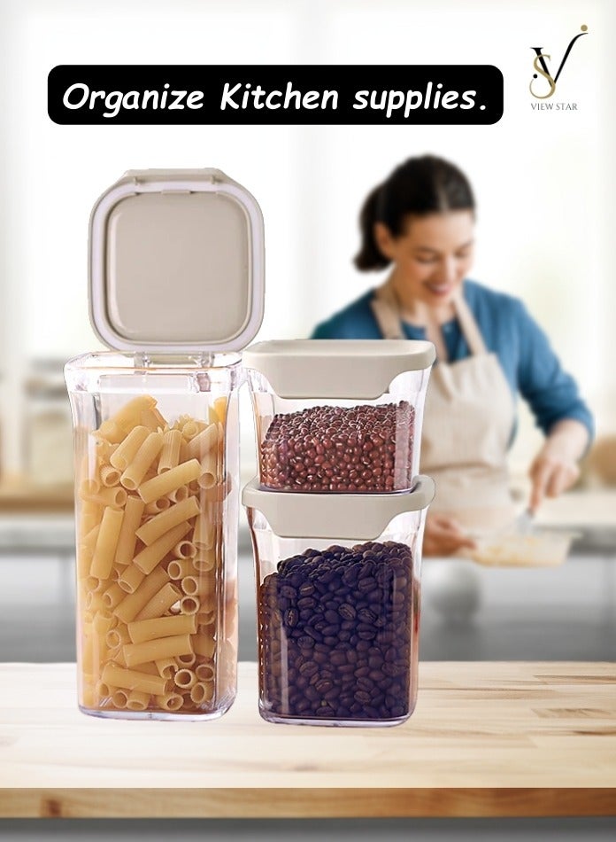 فيوستار برطمانات تخزين طعام محكمة الغلق مكونة من 3 قطع من Viewstar مع أغطية 1500 مل، 1000 مل، 500 مل، مقاومة للرطوبة، حاويات شفافة لمخزن المطبخ والحبوب والوجبات الخفيفة والتوابل والمعكرونة مثالية للتنظيم - Image 4