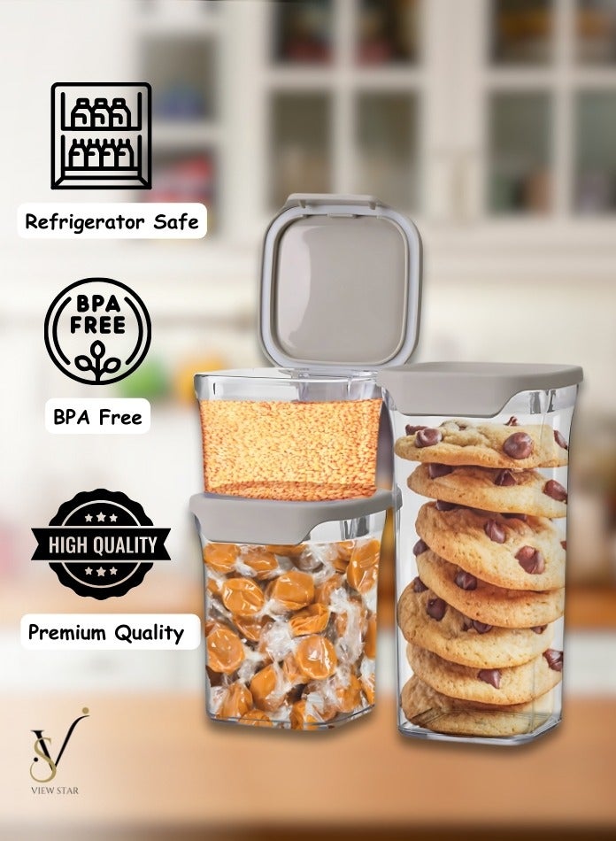 فيوستار برطمانات تخزين طعام محكمة الغلق مكونة من 3 قطع من Viewstar مع أغطية 1500 مل، 1000 مل، 500 مل، مقاومة للرطوبة، حاويات شفافة لمخزن المطبخ والحبوب والوجبات الخفيفة والتوابل والمعكرونة مثالية للتنظيم - Image 5