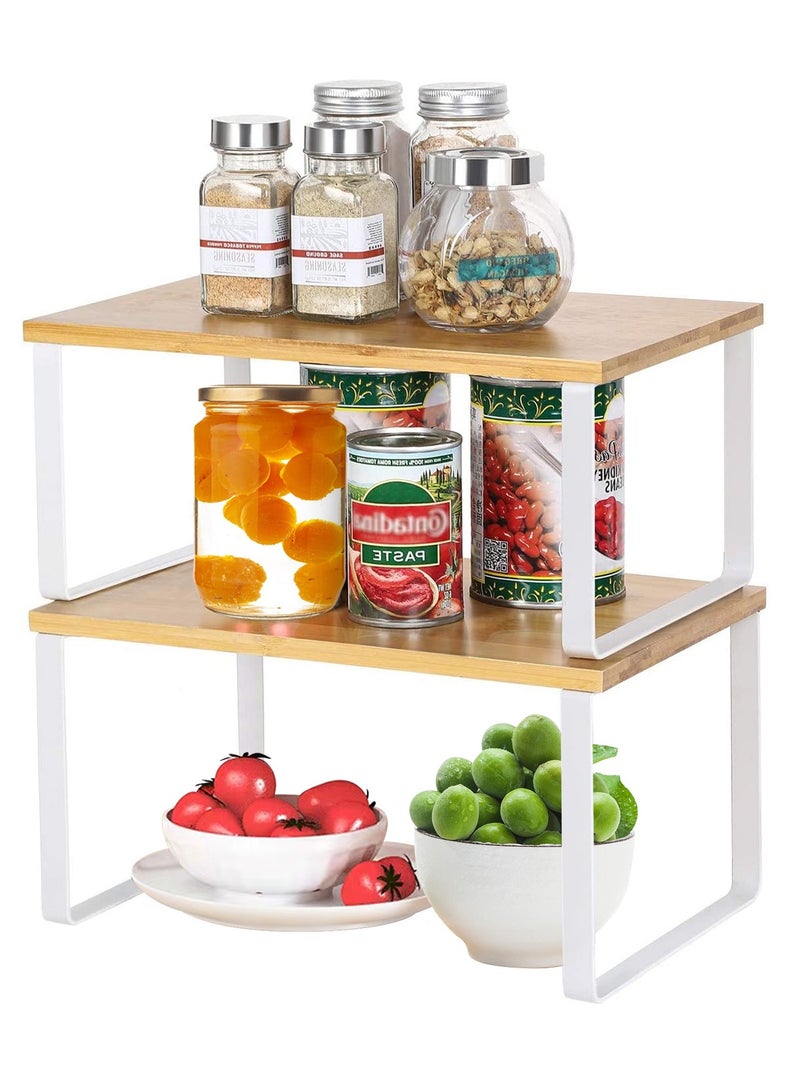 HomarKet Cabinet Organizer Shelf Set of 2 Kitchen Counter Shelves Kitchen Storage Spice Rack Stackable Expandable Metal and Engineered Wood White and Beige - Image 1