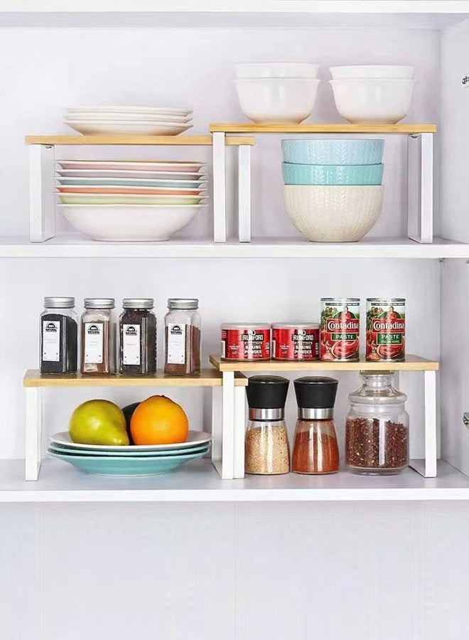 HomarKet Cabinet Organizer Shelf Set of 2 Kitchen Counter Shelves Kitchen Storage Spice Rack Stackable Expandable Metal and Engineered Wood White and Beige - Image 2