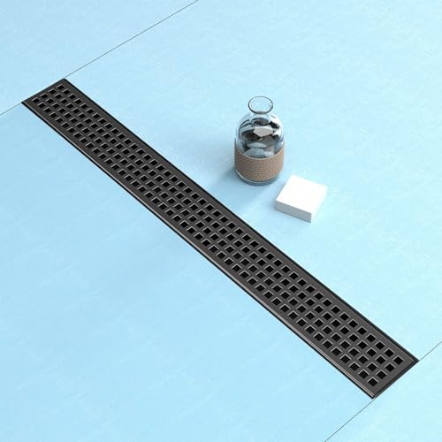 Fibetter 24 Inch Black Linear Shower Drain, Rectangular Shower Floor Drains with Square Hole Cover, 304 Stainless Steel Linear Drain with Leveling Feet, Hair Strainer (Matte Black) - Image 1