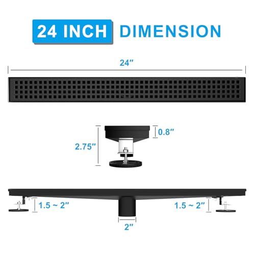Fibetter 24 Inch Black Linear Shower Drain, Rectangular Shower Floor Drains with Square Hole Cover, 304 Stainless Steel Linear Drain with Leveling Feet, Hair Strainer (Matte Black) - Image 2