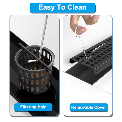Fibetter 24 Inch Black Linear Shower Drain, Rectangular Shower Floor Drains with Square Hole Cover, 304 Stainless Steel Linear Drain with Leveling Feet, Hair Strainer (Matte Black) - Image 4