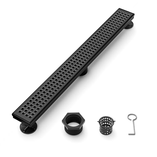 Fibetter 24 Inch Black Linear Shower Drain, Rectangular Shower Floor Drains with Square Hole Cover, 304 Stainless Steel Linear Drain with Leveling Feet, Hair Strainer (Matte Black) - Image 3