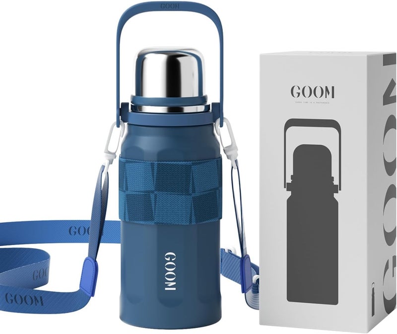Goom The Grip 32 oz Water Bottles for Hot and Cold Drinks,18/10 Stainless Steel Insulated Water Bottle with Lid, Carrying Strap,Strainer,7-Layer Insulation,Wide Mouth - Navy Blue - Image 1
