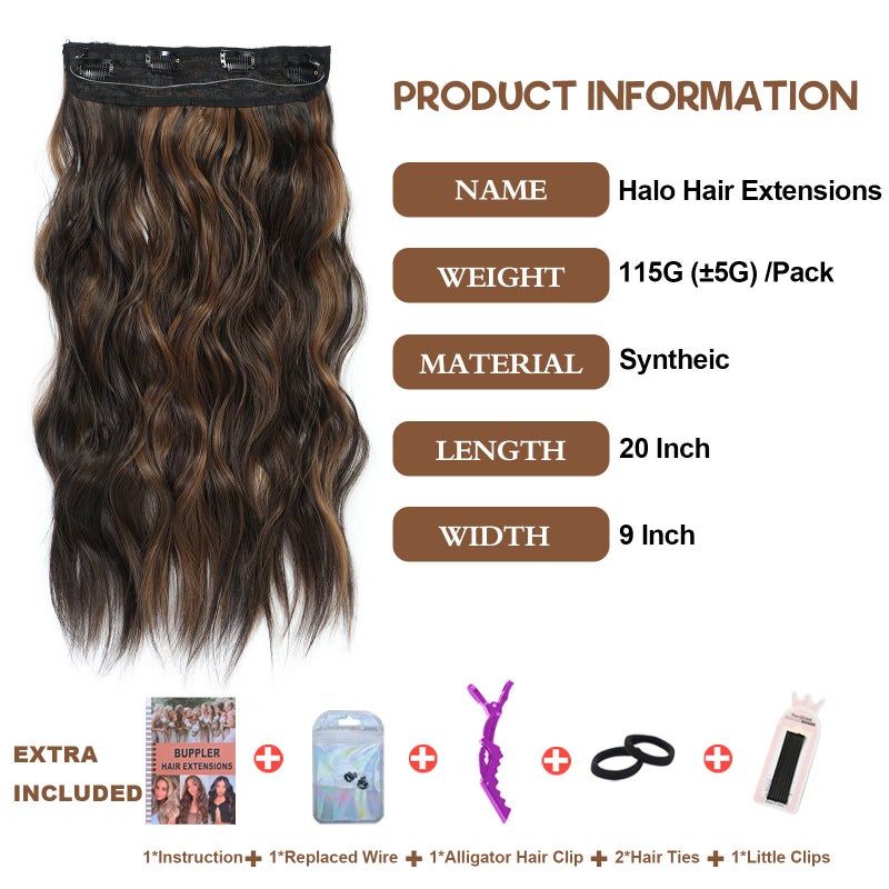 BUPPLER Halo Hair Extensions 20 Inch Invisible Wire Hair Extensions Adjustable Long Wavy Hairpiece Synthetic Upgrade 4 Secure Clips in Hairpieces 20 Inch,Dark Brown Mix Medium Brown - Image 2