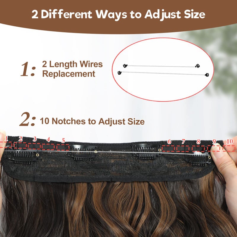 BUPPLER Halo Hair Extensions 20 Inch Invisible Wire Hair Extensions Adjustable Long Wavy Hairpiece Synthetic Upgrade 4 Secure Clips in Hairpieces 20 Inch,Dark Brown Mix Medium Brown - Image 4