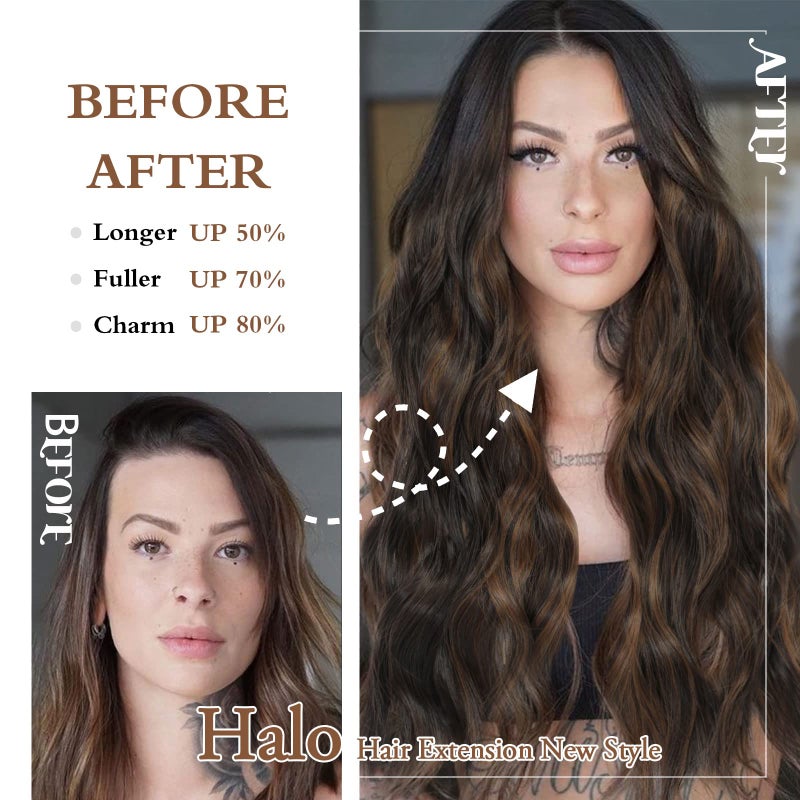 BUPPLER Halo Hair Extensions 20 Inch Invisible Wire Hair Extensions Adjustable Long Wavy Hairpiece Synthetic Upgrade 4 Secure Clips in Hairpieces 20 Inch,Dark Brown Mix Medium Brown - Image 3