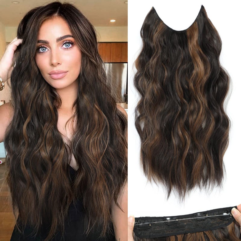 BUPPLER Halo Hair Extensions 20 Inch Invisible Wire Hair Extensions Adjustable Long Wavy Hairpiece Synthetic Upgrade 4 Secure Clips in Hairpieces 20 Inch,Dark Brown Mix Medium Brown - Image 1
