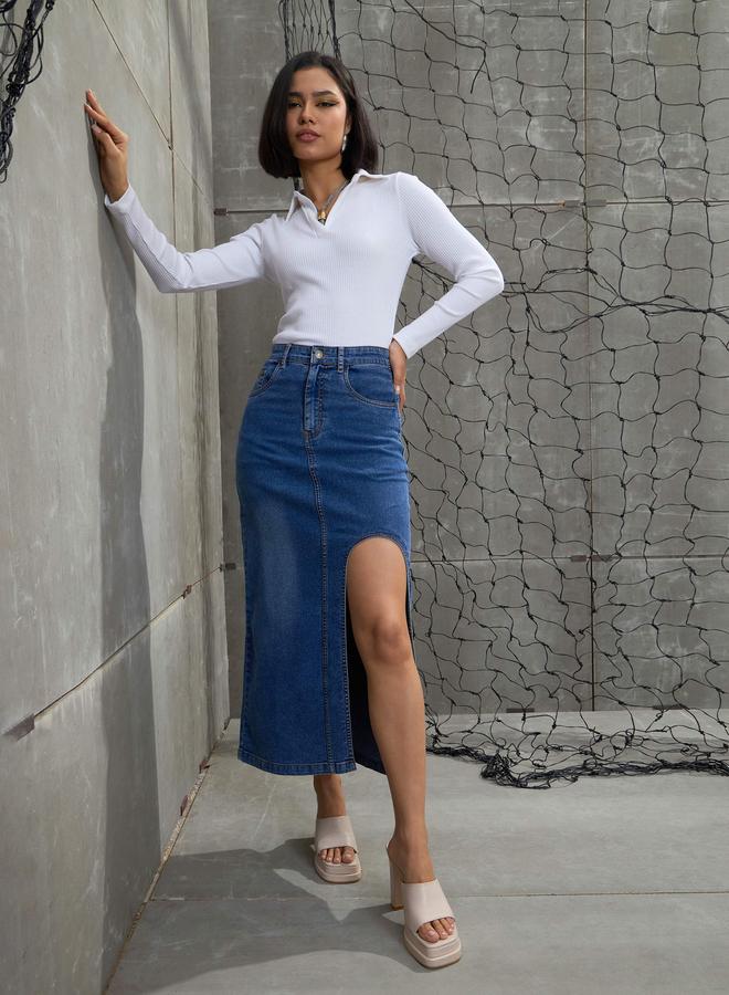 ساسافراس تنورة ميدي ضيقة من قماش الدنيم الأزرق من ساسافراس - Image 3