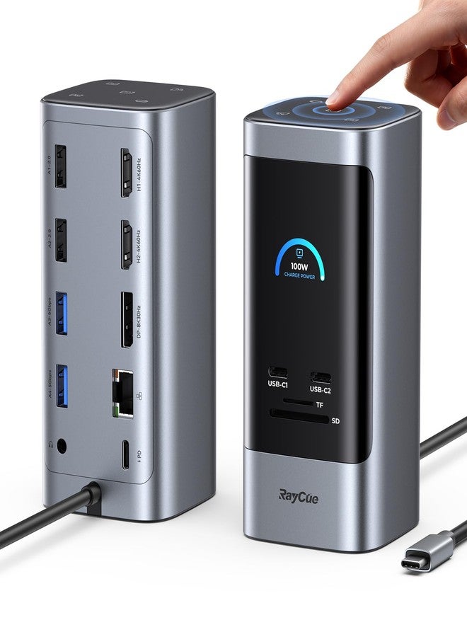 RayCue USB C Docking Station, 15in1 Triple Display with 5 Shortcut Button, Smart Display, DP&HDMI, 10G USB A/C, Gigabit Ethernet, 100W PD, Audio, Laptop Docking Station for Dell/HP/Lenovo/Mac and More