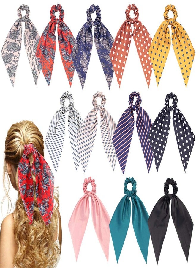 Sunaction Hair Scarf Scrunchie,12 Pcs Elastic Hair Ties,2 in 1 Vintage Ponytail Holder Hair Scarves for Women - Image 1