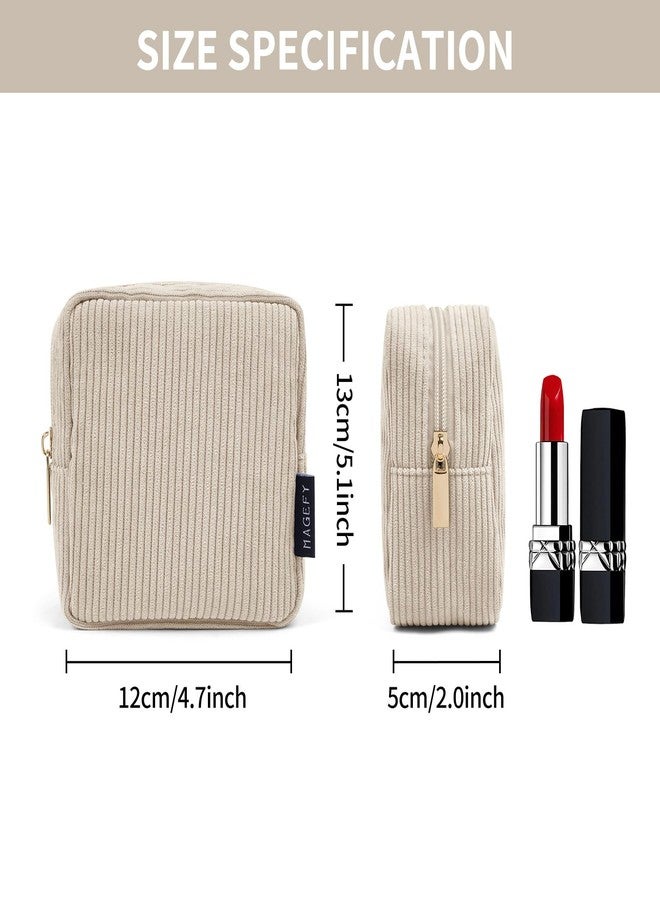 MAGEFY Small Makeup Bag for Purse Mini Cosmetics Bag Corduroy Cute Cosmetic Pouch for Women with Slip-in Pockets (Beige) - Image 2