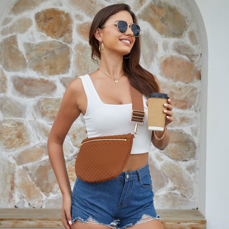 kuifang Woven Crossbody Bags For Women, Checkered Fashion PU Bum Bag Waist Pack, Travel Sling Purse with Adjustable Strapï¼ˆBrown) - Image 3