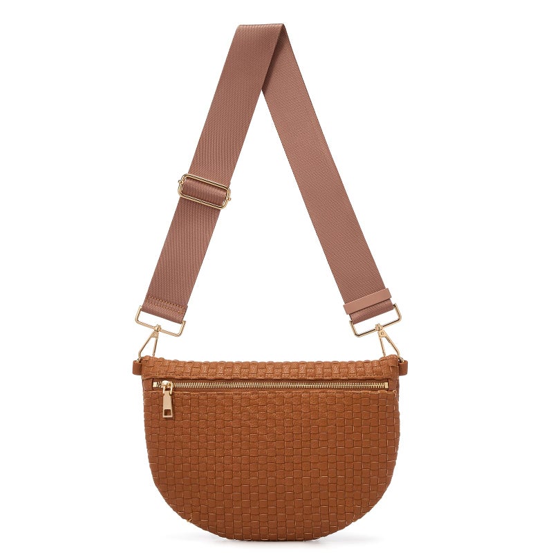 kuifang Woven Crossbody Bags For Women, Checkered Fashion PU Bum Bag Waist Pack, Travel Sling Purse with Adjustable Strapï¼ˆBrown) - Image 1