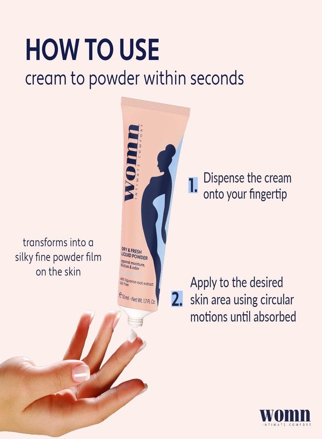 وومن كريم womn Intimate Comfort DRY & FRESH LIQUID PODER – كريم مضاد للاحتكاك خالٍ من التلك لمنطقة أسفل الصدر والفخذين والفخذين. ترطيب طبيعي وتحكم في الاحتكاك، 1.7 أونصة سائلة. - Image 5