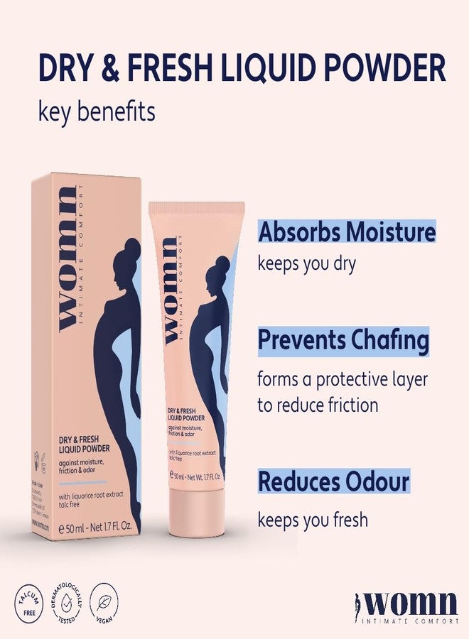 وومن كريم womn Intimate Comfort DRY & FRESH LIQUID PODER – كريم مضاد للاحتكاك خالٍ من التلك لمنطقة أسفل الصدر والفخذين والفخذين. ترطيب طبيعي وتحكم في الاحتكاك، 1.7 أونصة سائلة. - Image 2