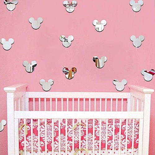 YongPan 20PCS Cartoon Mickey Mouse Head Mirror Wall Sticker Baby Nursery Cute Animal Wall Decal Children Room Silver Mirror Acrylic Mirror Material