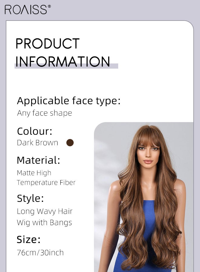 رويس باروكة شعر مستعار طويل مجعد بني غامق مع غرة، شعر مستعار نسائي طبيعي ناعم مقاوم للحرارة مع غرة لحفلات الزفاف والتنكر والارتداء اليومي، 76 سم (30 بوصة) - Image 2