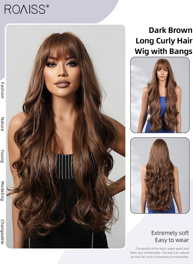 رويس باروكة شعر مستعار طويل مجعد بني غامق مع غرة، شعر مستعار نسائي طبيعي ناعم مقاوم للحرارة مع غرة لحفلات الزفاف والتنكر والارتداء اليومي، 76 سم (30 بوصة) - Image 1