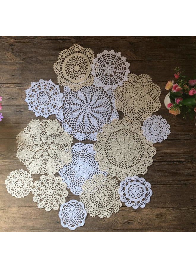MindPlus 14pcs Hand Crochet Doilies 4-10 inches Round White Beige Vintage Wedding Tea Party - Image 1