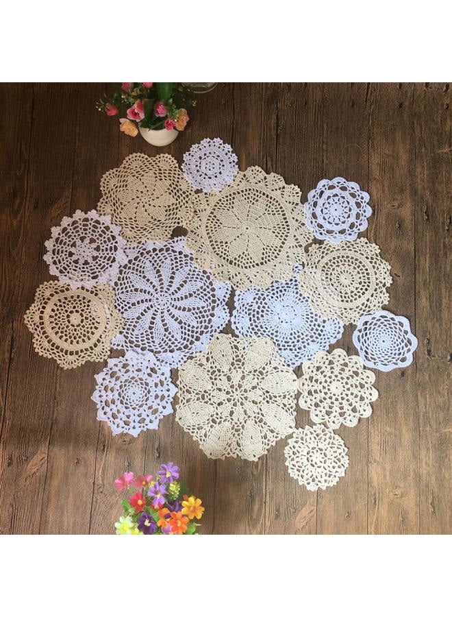 MindPlus 14pcs Hand Crochet Doilies 4-10 inches Round White Beige Vintage Wedding Tea Party - Image 2